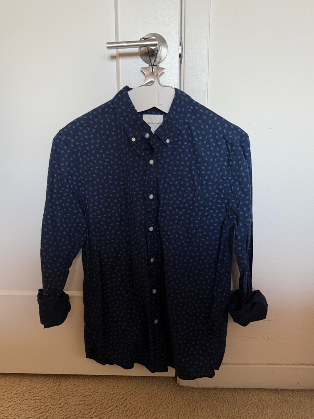 American Eagle Outfitters Navy Button-Down Shirt with Light Blue Micro Print